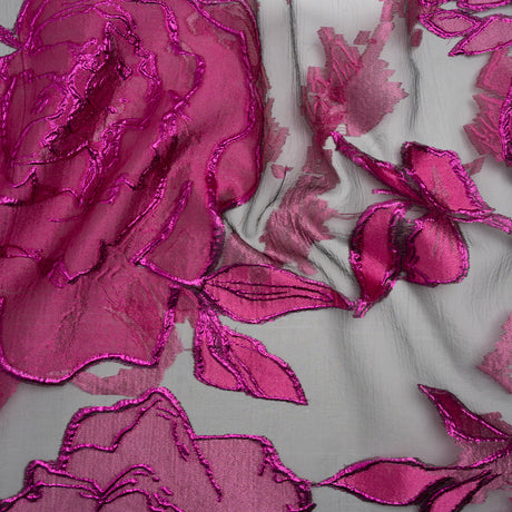 Metallic Burnout Brocade - Hot Pink, Black and Magenta Roses and Hyacinths