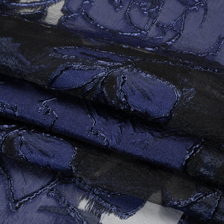 Metallic Burnout Brocade - Black and Navy Blue Roses and Hyacinths