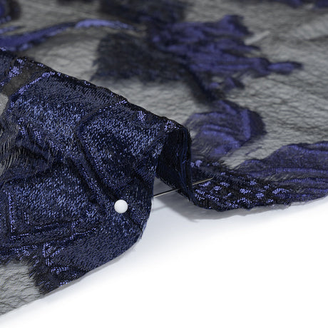 Metallic Burnout Brocade - Black and Navy Blue Roses and Hyacinths