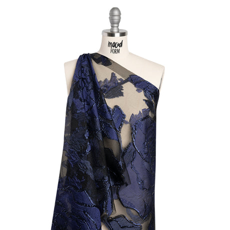 Metallic Burnout Brocade - Black and Navy Blue Roses and Hyacinths