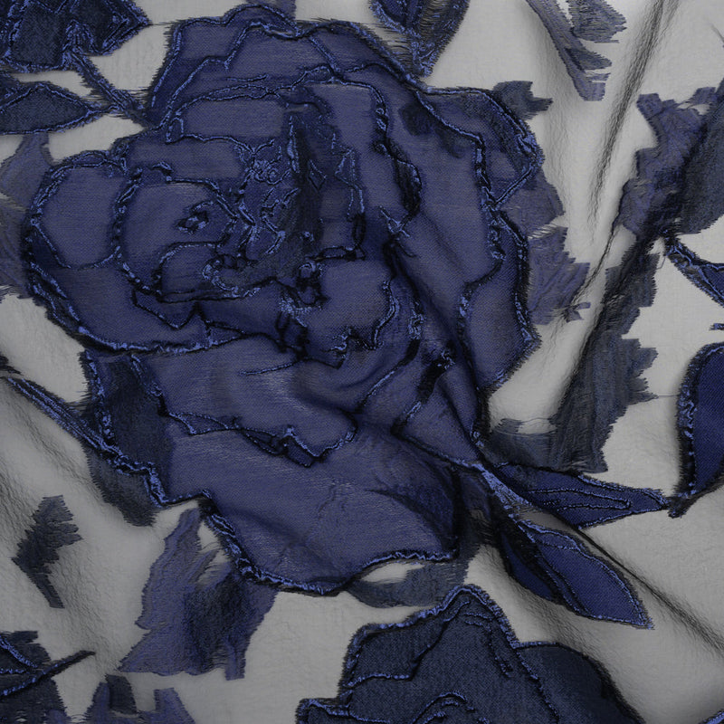 Metallic Burnout Brocade - Black and Navy Blue Roses and Hyacinths