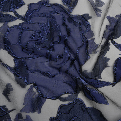 Metallic Burnout Brocade - Black and Navy Blue Roses and Hyacinths