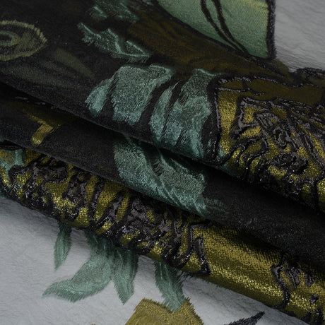 Metallic Burnout Brocade - Sage, Olive Green and Black Roses and Hyacinths