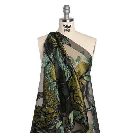 Metallic Burnout Brocade - Sage, Olive Green and Black Roses and Hyacinths