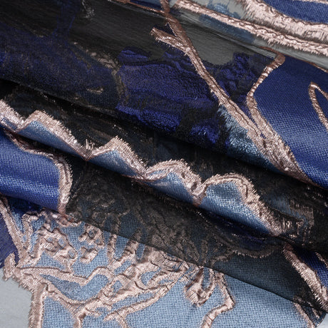 Metallic Burnout Brocade - Sky Blue, Navy and Rose Gold Roses and Hyacinths
