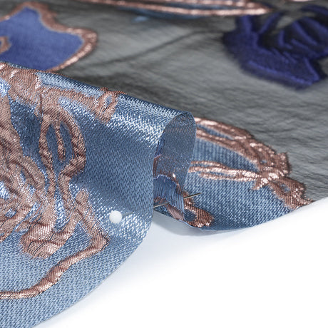 Metallic Burnout Brocade - Sky Blue, Navy and Rose Gold Roses and Hyacinths