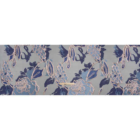 Metallic Burnout Brocade - Sky Blue, Navy and Rose Gold Roses and Hyacinths