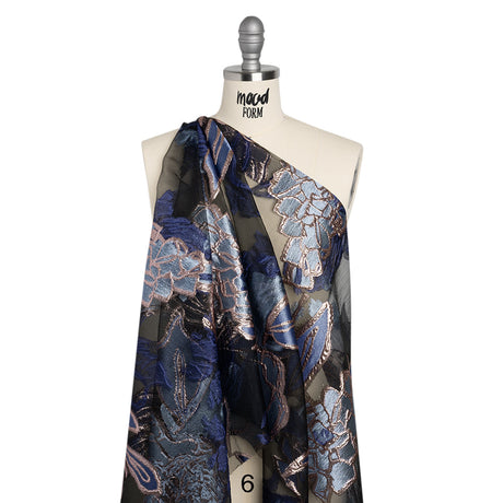 Metallic Burnout Brocade - Sky Blue, Navy and Rose Gold Roses and Hyacinths