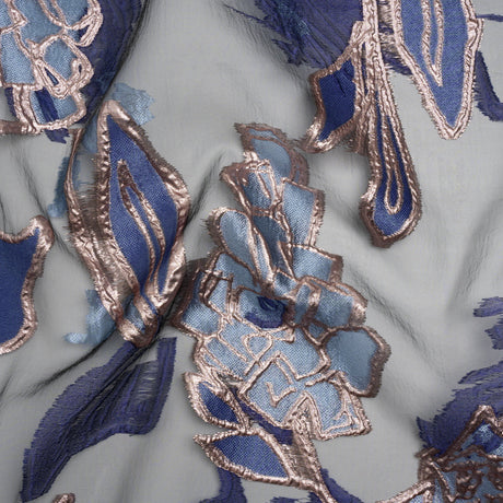 Metallic Burnout Brocade - Sky Blue, Navy and Rose Gold Roses and Hyacinths