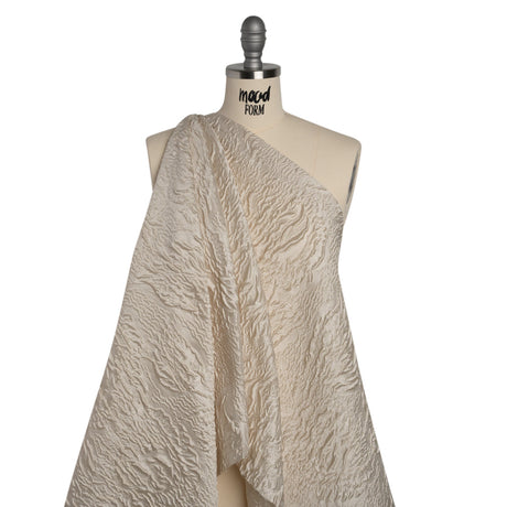Polyester Brocade - Monochrome Light Beige Roses and Leaves