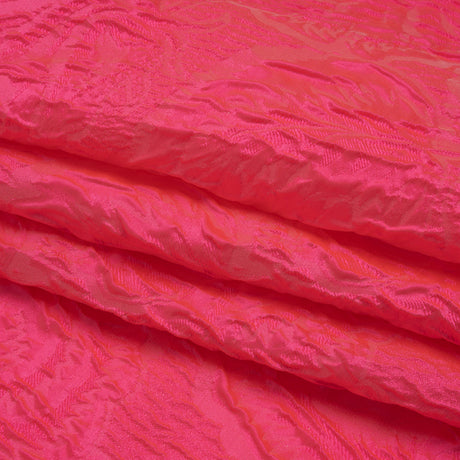 Polyester Brocade - Monochrome Neon Pink Roses and Leaves