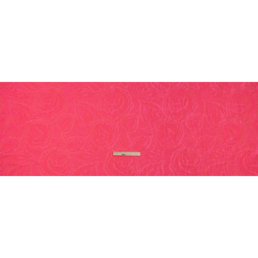 Polyester Brocade - Monochrome Neon Pink Roses and Leaves