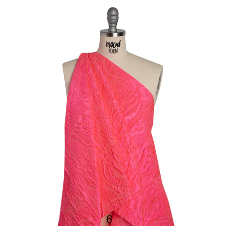 Polyester Brocade - Monochrome Neon Pink Roses and Leaves