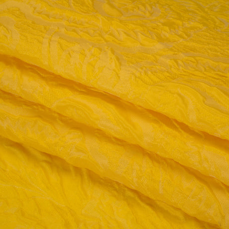 Polyester Brocade - Monochrome Sunshine Yellow Roses and Leaves
