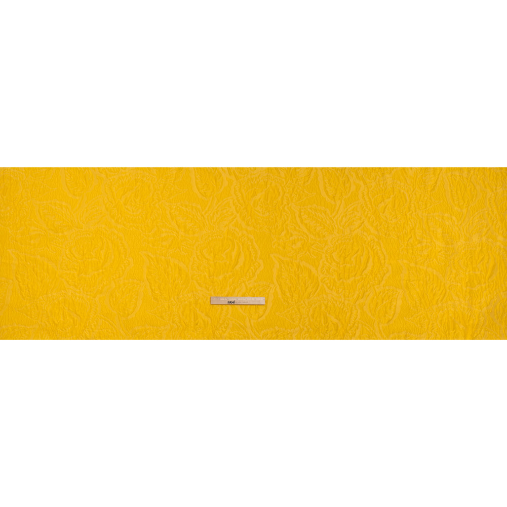 Polyester Brocade - Monochrome Sunshine Yellow Roses and Leaves