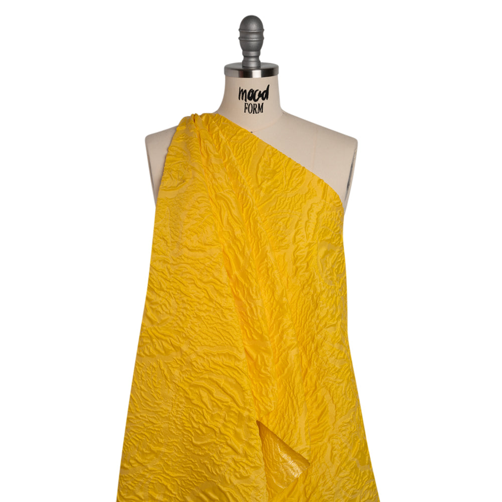 Polyester Brocade - Monochrome Sunshine Yellow Roses and Leaves