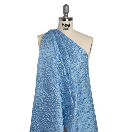 Polyester Brocade - Monochrome Sky Blue Roses and Leaves
