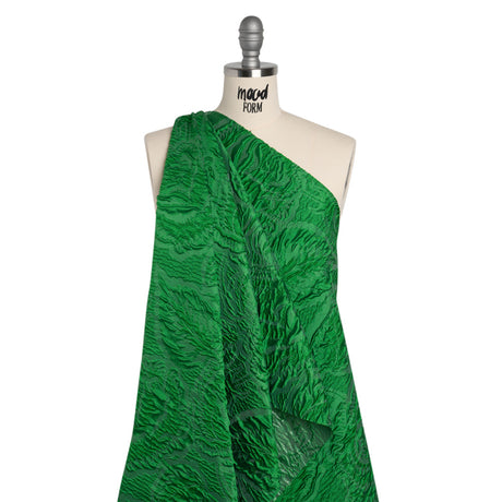 Polyester Brocade - Monochrome Kelly Green Roses and Leaves