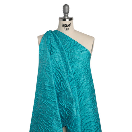 Polyester Brocade - Monochrome Turquoise Roses and Leaves