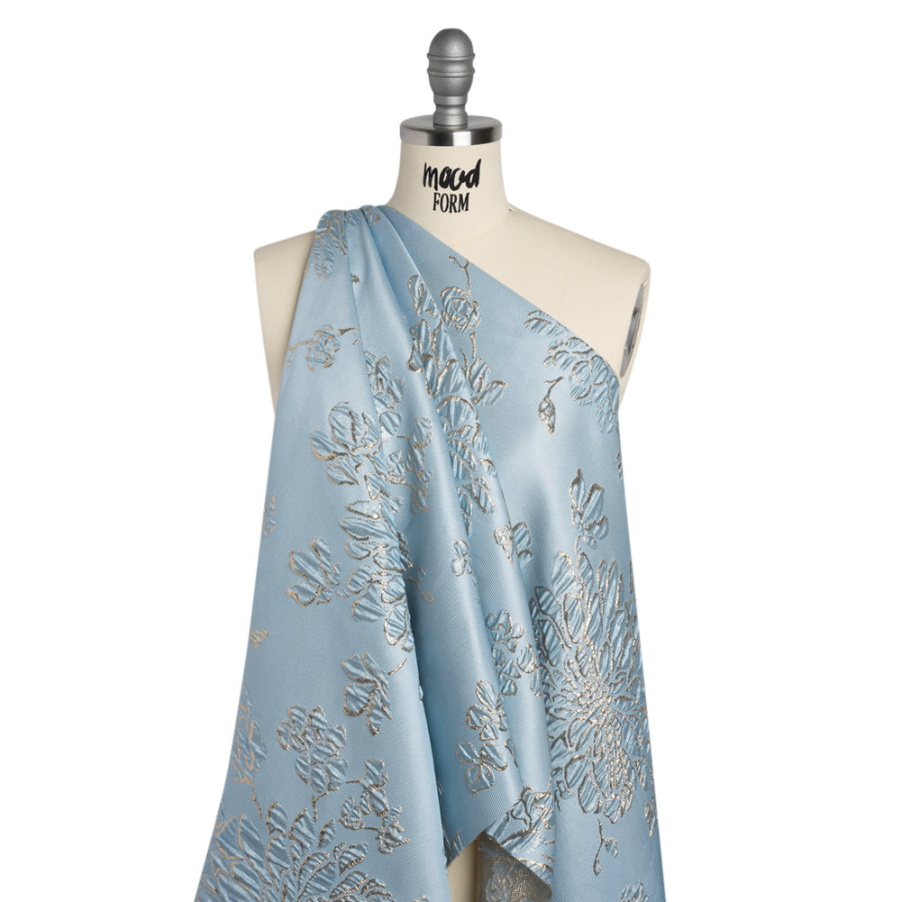 Metallic Brocade - Sky Blue and Gold Blossoming Stems