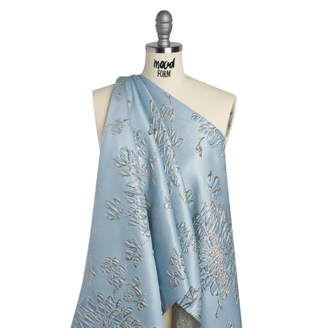 Metallic Brocade - Sky Blue and Gold Blossoming Stems