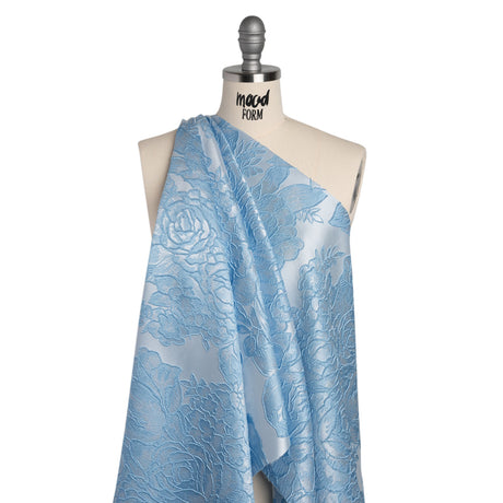 Polyester Brocade - Sky Blue Cabbage Roses