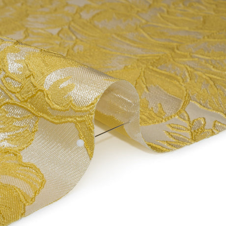 Polyester Brocade - Yellow and White Cabbage Roses