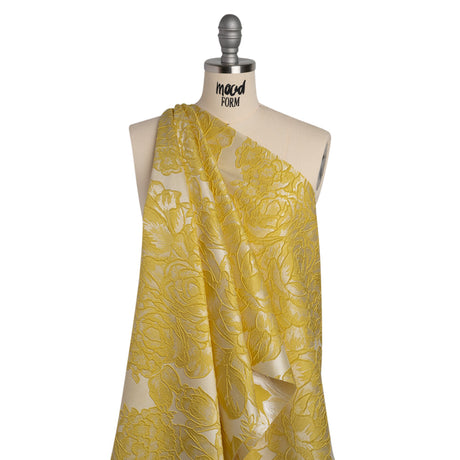 Polyester Brocade - Yellow and White Cabbage Roses