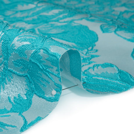 Polyester Brocade - Pale Blue and Turquoise Cabbage Roses
