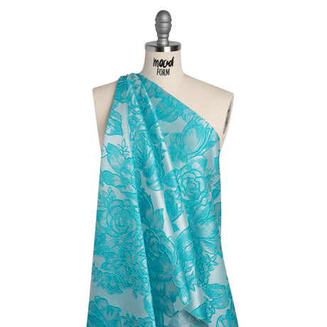 Polyester Brocade - Pale Blue and Turquoise Cabbage Roses