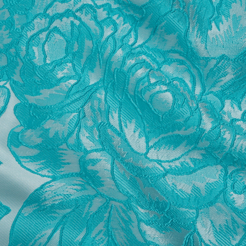 Polyester Brocade - Pale Blue and Turquoise Cabbage Roses