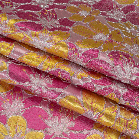 Metallic Brocade - Bright Pink, Yellow and Silver Floating Blossoms