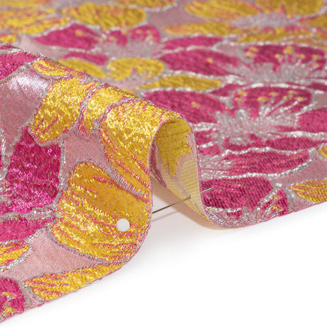 Metallic Brocade - Bright Pink, Yellow and Silver Floating Blossoms
