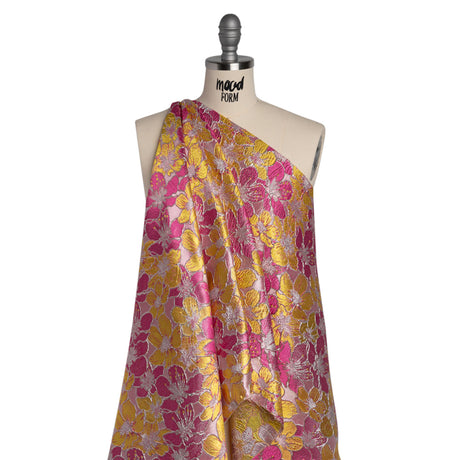Metallic Brocade - Bright Pink, Yellow and Silver Floating Blossoms
