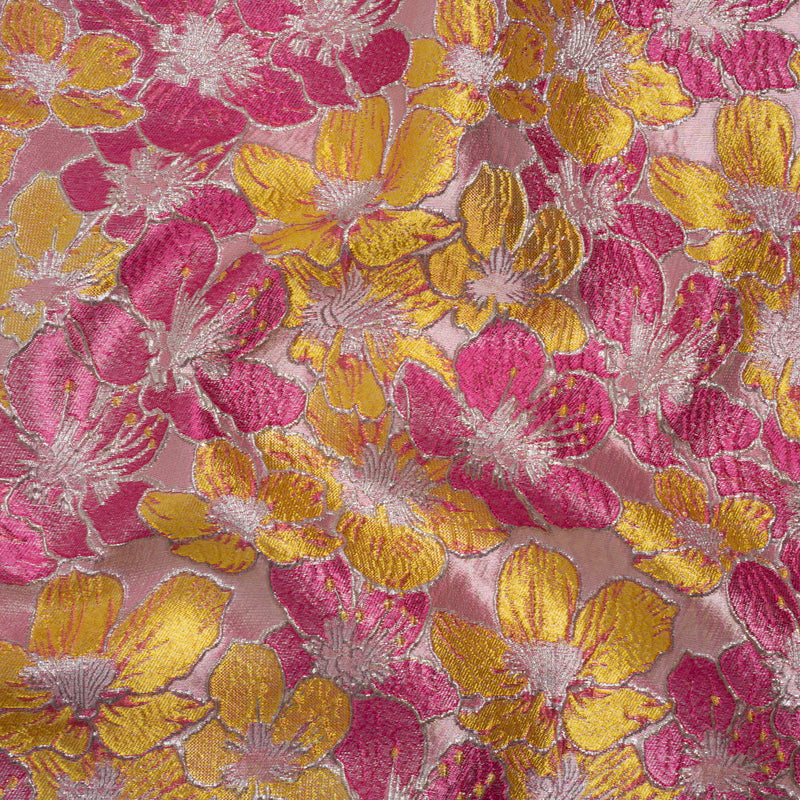 Metallic Brocade - Bright Pink, Yellow and Silver Floating Blossoms