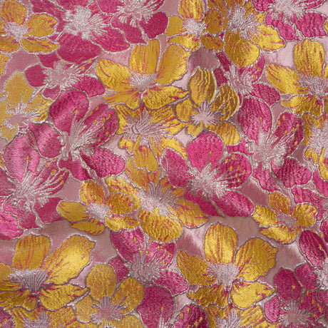 Metallic Brocade - Bright Pink, Yellow and Silver Floating Blossoms