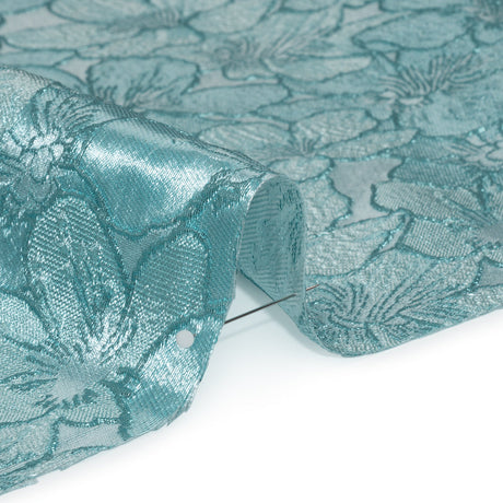 Metallic Brocade - Monochrome Aqua Blue Floating Blossoms