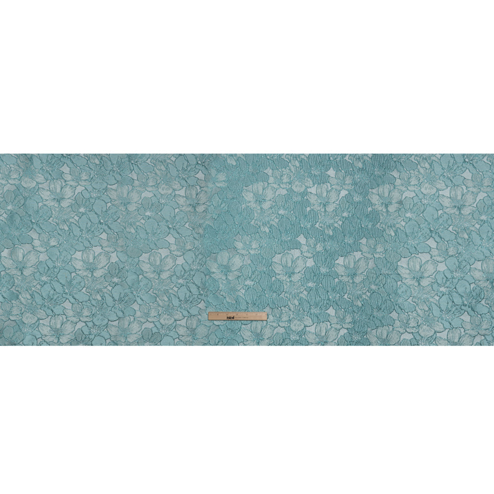 Metallic Brocade - Monochrome Aqua Blue Floating Blossoms