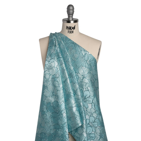 Metallic Brocade - Monochrome Aqua Blue Floating Blossoms