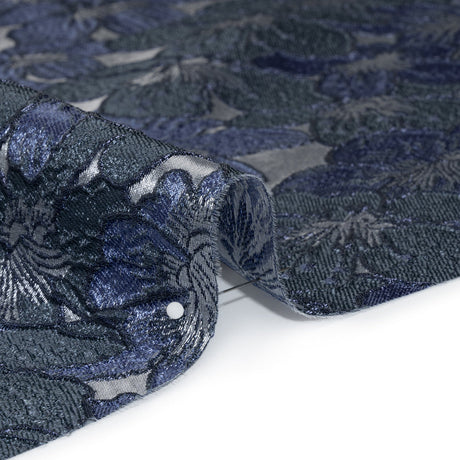 Metallic Brocade - Navy, Blue and Steel Gray Floating Blossoms
