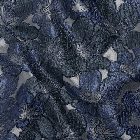 Metallic Brocade - Navy, Blue and Steel Gray Floating Blossoms