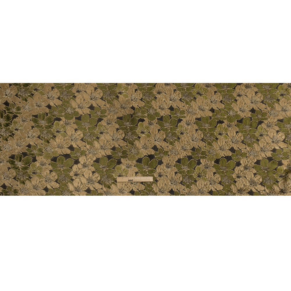Metallic Brocade - Olive Green, Beige and Gold Floating Blossoms
