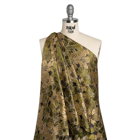 Metallic Brocade - Olive Green, Beige and Gold Floating Blossoms