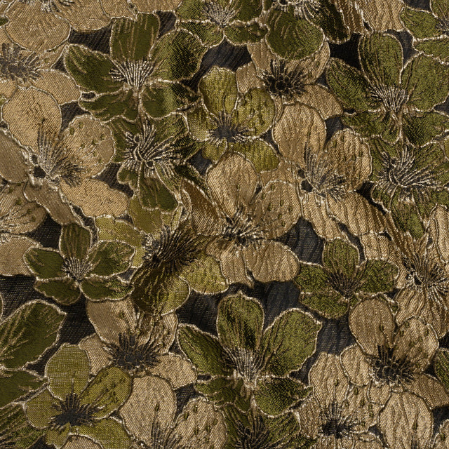 Metallic Brocade - Olive Green, Beige and Gold Floating Blossoms
