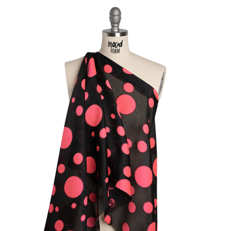 Lightweight Textured Burnout Brocade - Bright Pink and Black Polka Dots