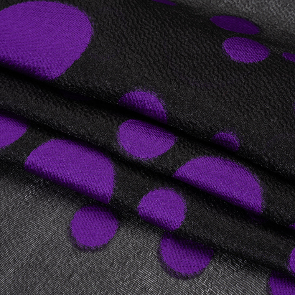 Lightweight Textured Burnout Brocade - Purple and Black Polka Dots
