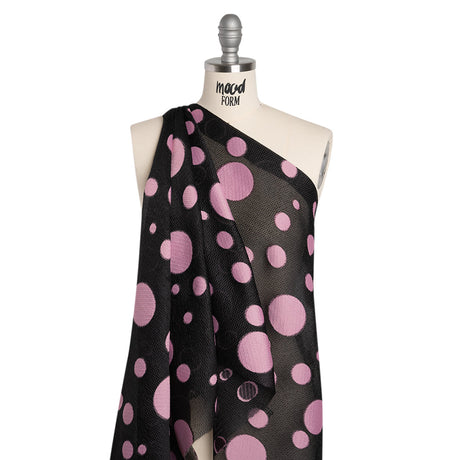 Lightweight Textured Burnout Brocade - Light Mauve and Black Polka Dots