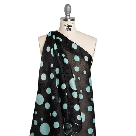 Lightweight Textured Burnout Brocade - Baby Blue and Black Polka Dots