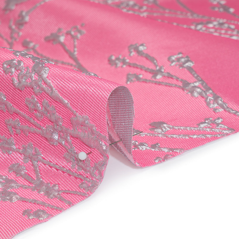 Metallic Brocade - Bubblegum Pink and Silver Flowering Branches
