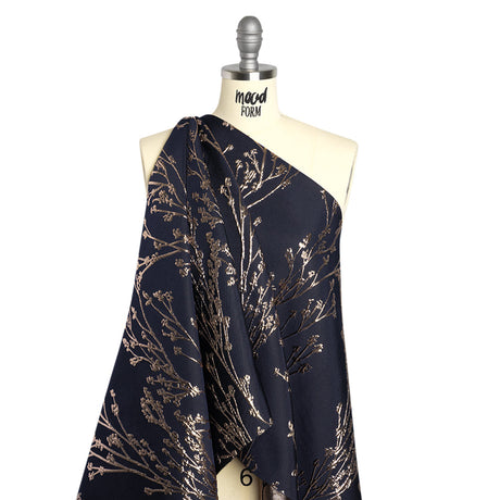 Metallic Brocade - Midnight Navy and Gold Flowering Branches